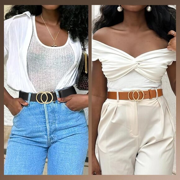 2 Pack Women Leather Belts Faux Leather Jeans Belt with Double O Ring Buckle - Picture 5 of 5